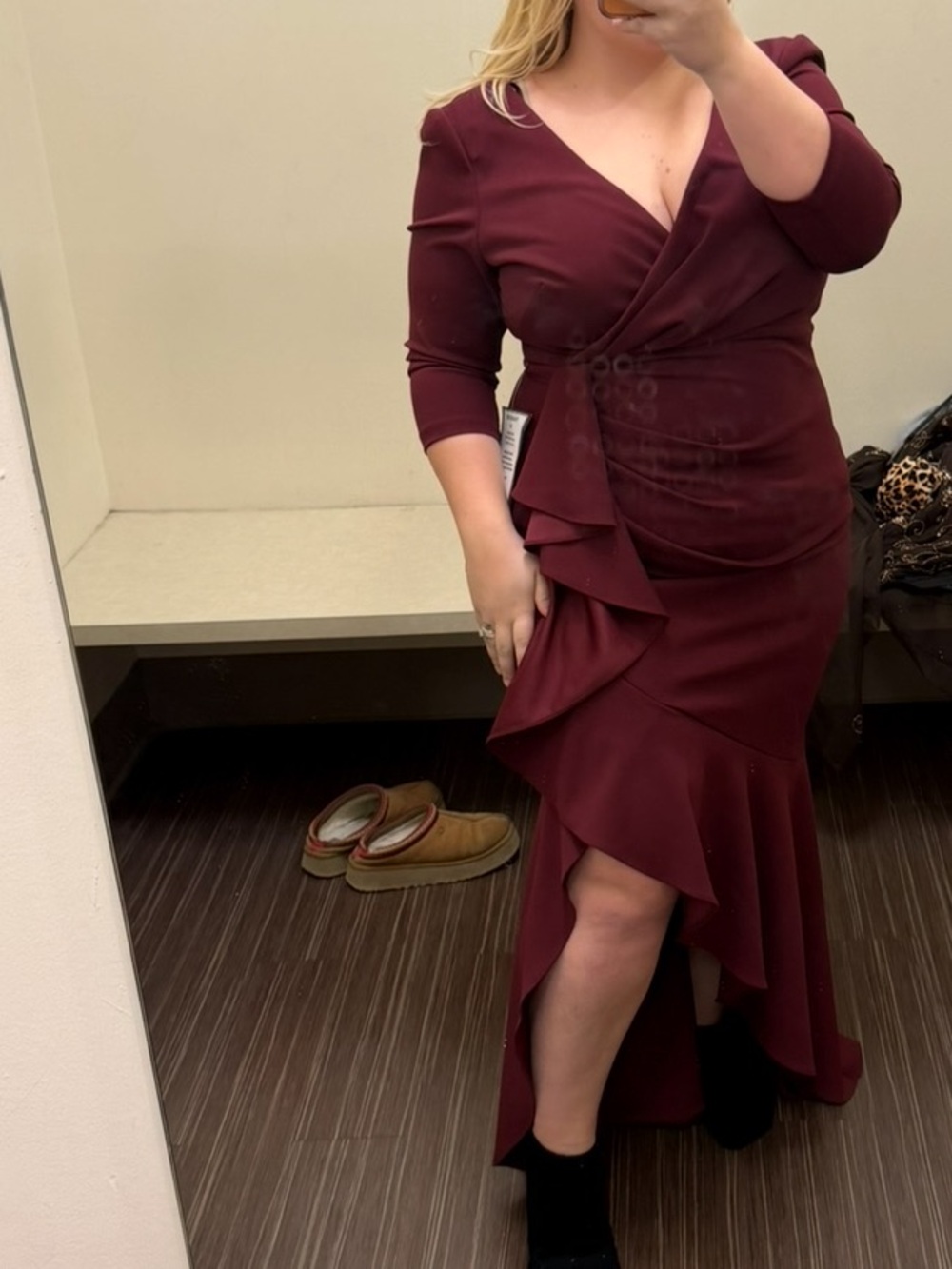 Betsy & Adam Burgundy V-Neck Ruffle Floor-Length Dress